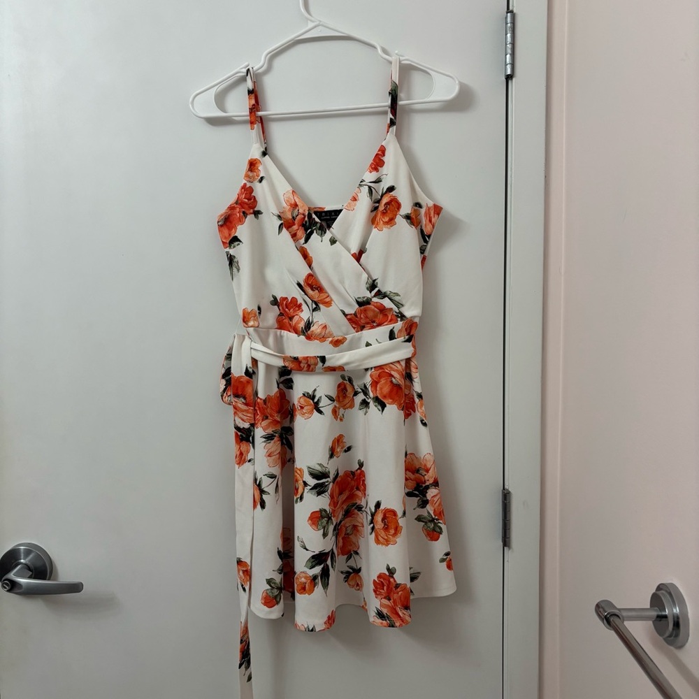 Trixxi White Mini Dress with Orange/ Peachy Rose Print